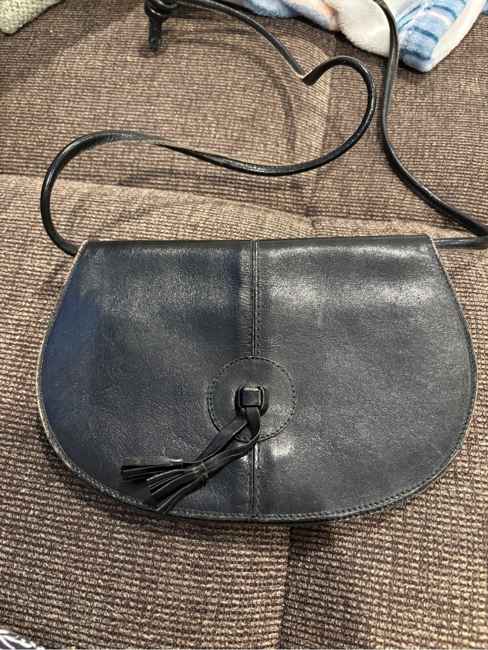 Vintage Black Leather Crossbody with Front Tassel